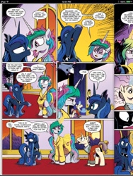 Size: 720x960 | Tagged: safe, artist:andypriceart, idw, character:kibitz, character:princess celestia, character:princess luna, character:tiberius, bed mane, bitey, comic, faec, fourth wall, idw advertisement, opossum, preview