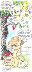 Size: 900x1975 | Tagged: dead source, safe, artist:andypriceart, character:applejack, character:fluttershy, species:bird, species:earth pony, species:pegasus, species:pony, annoyed, apple, apple tree, applejack is not amused, bird poop, blue jay, dialogue, female, flying, guano, mare, markers, poop, speech bubble, sweet apple acres, thought bubble, traditional art, tree