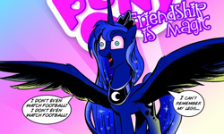 Size: 688x414 | Tagged: safe, artist:andypriceart, edit, idw, character:princess luna, caffeine, coffee, homestar runner, luna found the coffee, open mouth, smiling, solo, spread wings, strong sad, tongue out, wide eyes, wings
