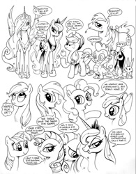Size: 900x1156 | Tagged: safe, artist:andypriceart, character:angel bunny, character:apple bloom, character:applejack, character:big mcintosh, character:fluttershy, character:philomena, character:pinkie pie, character:princess celestia, character:princess luna, character:rainbow dash, character:rarity, character:spike, character:twilight sparkle, species:alicorn, species:dragon, species:earth pony, species:pegasus, species:pony, species:unicorn, g4, comparison, eyes, female, filly, height, lineart, male, mare, monochrome, princess, stallion, tutorial