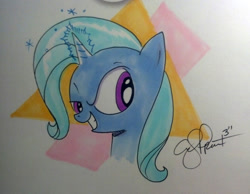 Size: 1280x995 | Tagged: safe, artist:andypriceart, character:trixie, species:pony, species:unicorn, abstract background, bust, dreamworks face, female, get, gif party, glowing horn, grin, horn, index get, magic, mare, raised eyebrow, smiling, smirk, solo, sparkles, traditional art, x00000 milestone