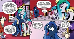 Size: 1063x561 | Tagged: safe, artist:andypriceart, idw, character:kibitz, character:princess celestia, character:princess luna, character:tiberius, exact words, heart, hug, security hug, wavy mouth, yawn