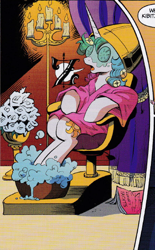 Size: 340x549 | Tagged: safe, artist:andypriceart, idw, character:princess celestia, cucumber, hair curlers, hair dryer, mud mask, sitting, sleeping