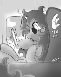 Size: 800x1000 | Tagged: safe, artist:symbianl, oc, oc only, oc:cherry blossom, species:pony, species:unicorn, license:cc-by-nc-nd, airline, chair, monochrome, plane, sitting, solo, tablet, window