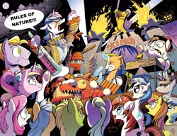 Size: 1280x985 | Tagged: safe, artist:andypriceart, edit, idw, character:dj pon-3, character:gizmo, character:princess cadance, character:shining armor, character:vinyl scratch, 8-bit, 8-bit (character), buck withers, crowd, guitar, konami, metal gear, metal gear rising, rules of nature, sweetcream scoops