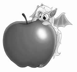 Size: 1661x1561 | Tagged: safe, artist:symbianl, character:flutterbat, character:fluttershy, species:bat pony, species:pony, license:cc-by-nc-nd, apple, giant apple, monochrome, race swap, solo