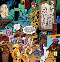 Size: 1376x1424 | Tagged: safe, artist:andypriceart, idw, character:applejack, character:fluttershy, character:pinkie pie, character:princess celestia, character:rainbow dash, character:rarity, character:star swirl the bearded, character:twilight sparkle, character:twilight sparkle (alicorn), species:alicorn, species:pony, abraham lincoln, andy you magnificent bastard, banner, batcave, batman, cropped, dc comics, dracula, female, flag, gem, giant penny, golden gun, greed, gun, james bond, japan, mane six, mare, the man with the golden gun