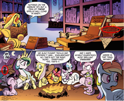 Size: 1004x819 | Tagged: safe, artist:andypriceart, idw, character:apple bloom, character:applejack, character:fluttershy, character:megan williams, character:nightmare moon, character:pinkie pie, character:princess celestia, character:princess luna, character:rainbow dash, character:rarity, character:scootaloo, character:spike, character:sunset shimmer, character:sweetie belle, character:twilight sparkle, species:diamond dog, species:pegasus, species:pony, black magic, book, comic, crisis on infinite earths, crisis on infinite equestrias, cutie mark crusaders, eyeshadow, foreshadowing, fringe, issue 4, lovecraft, mane six, map, necronomicon, new horseleans, observer (character), quantum leap, quantum physics, rat, reference, sam beckett, scroll, soylent green, the amityville horror, there is more than one of everything, trotsylvania, walter bishop, william bell, z.f.t.