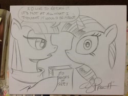 Size: 1024x768 | Tagged: safe, artist:andypriceart, character:maud pie, character:twilight sparkle, book, fifty shades of grey, hoof hold, looking at you, open mouth, traditional art, wide eyes