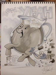Size: 768x1024 | Tagged: safe, artist:andypriceart, character:pinkie pie, andy you magnificent bastard, crossover, irl, kool-aid, kool-aid man, observer, photo, ponified, thought bubble, traditional art, wall breaking, wat