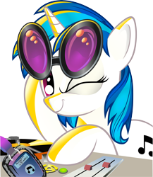 Size: 5541x6374 | Tagged: safe, artist:andypriceart, artist:gray-gold, character:dj pon-3, character:vinyl scratch, species:pony, species:unicorn, absurd resolution, cutie mark, female, headphones, hooves, horn, mare, simple background, smiling, solo, sunglasses, transparent background, turntable, vector, wink