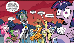 Size: 1400x815 | Tagged: safe, artist:andypriceart, idw, character:applejack, character:fluttershy, character:good king sombra, character:king sombra, character:pinkie pie, character:rainbow dash, character:rarity, character:spike, character:twilight sparkle, character:twilight sparkle (alicorn), species:alicorn, species:pony, ship:celestibra, clothing, dear sweet celestia, derp, faec, female, grimace, gritted teeth, hat, hat pop, hoof hold, jumping, mane seven, mane six, mare, messy mane, mismatched eyes, shipping, shocked, stupid sexy good king sombra, stupid sexy sombra
