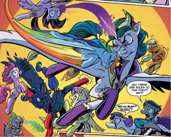 Size: 1400x1124 | Tagged: safe, artist:andypriceart, idw, character:applejack, character:fluttershy, character:good king sombra, character:king sombra, character:pinkie pie, character:princess celestia, character:princess luna, character:rainbow dash, character:rarity, character:spike, character:twilight sparkle, character:twilight sparkle (alicorn), species:alicorn, species:pony, alternate universe, and then there's rarity, andy you magnificent bastard, crash, crowning moment of awesome, epic, evil celestia, evil counterpart, evil luna, evil sisters, female, fight, headbutt, mane seven, mane six, mare, meta, nom, reflections, reflections drama, skewed priorities, tyrant celestia, wing bite