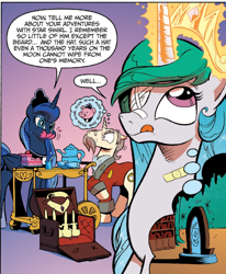 Size: 830x1006 | Tagged: safe, artist:andypriceart, idw, character:kibitz, character:princess celestia, character:princess luna, :q, aweeg*, bandaid, blep, cake, cupcake, eyepatch, injured, magic, magic mirror, messy eating, panel, pig, puffy cheeks, raised hoof, shivering, telekinesis, thought bubble, tongue out, wide eyes
