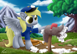 Size: 2500x1750 | Tagged: safe, artist:symbianl, character:derpy hooves, species:pegasus, species:pony, license:cc-by-nc-nd, clothing, female, mail, mailbox, mailpony, mare, solo, uniform