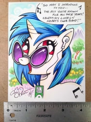 Size: 1200x1600 | Tagged: safe, artist:andypriceart, character:dj pon-3, character:vinyl scratch, species:pony, species:unicorn, andy you magnificent bastard, dialogue, earbuds, female, ipod, mare, photo, ruler, sgt. pepper's lonely hearts club band, signature, solo, song, song reference, speech bubble, the beatles, the hoof beats, traditional art