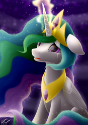 Size: 1750x2500 | Tagged: safe, artist:symbianl, character:princess celestia, license:cc-by-nc-nd, crying, glowing horn, magic, mare in the moon, moon, reflection, solo