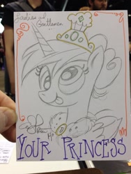Size: 852x1136 | Tagged: safe, artist:andypriceart, character:derpy hooves, species:alicorn, species:pony, alternate hairstyle, andy you magnificent bastard, blep, bun, cape, clothing, crown, cute, derp, derpicorn, hair bun, muffin, princess derpy, race swap, smiling, solo, tongue out, traditional art