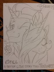 Size: 600x800 | Tagged: safe, artist:andypriceart, character:good king sombra, character:king sombra, character:princess celestia, character:twilight sparkle, character:twilight sparkle (alicorn), species:alicorn, species:pony, ship:celestibra, andy you magnificent bastard, female, male, mare, meme, monochrome, say what, shipping, sombra swag, still a better love story than twilight, straight, traditional art, word of price