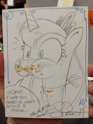 Size: 768x1024 | Tagged: safe, artist:andypriceart, character:princess luna, :i, andy you magnificent bastard, aweeg*, barbeque, bib, blushing, cute, dark comedy, eating, implied cannibalism, implied hard vore, lunabetes, messy, messy eating, ponies eating meat, portrait, puffy cheeks, sketch, solo, traditional art, wide eyes