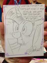 Size: 600x800 | Tagged: safe, artist:andypriceart, character:twilight sparkle, caught, denial, fanfic, implied twixie, lies, nervous, shipper on deck, traditional art, twilight loves fanfiction