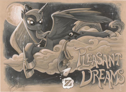 Size: 900x661 | Tagged: safe, artist:andypriceart, idw, character:princess luna, character:tiberius, species:alicorn, species:pony, animal, cloud, cloudy, eyes closed, female, hanging, mare, monochrome, moon, night, prone, sleeping, smiling, spread wings, thought bubble, traditional art, upside down, wings, z