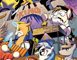 Size: 1045x814 | Tagged: safe, artist:andypriceart, idw, character:dj pon-3, character:gizmo, character:vinyl scratch, 33 1-3 lp, boy george, frankie goes to hollywood, gaffer, little girls, long play, new wave, observer (character), oingo boingo, song reference, the mystic knights of the electric stable, xylophone
