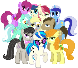 Size: 11391x10000 | Tagged: safe, artist:andypriceart, artist:fimvisible, idw, character:berry punch, character:berryshine, character:bon bon, character:carrot top, character:derpy hooves, character:dj pon-3, character:doctor whooves, character:golden harvest, character:lyra heartstrings, character:minuette, character:octavia melody, character:roseluck, character:sweetie drops, character:time turner, character:vinyl scratch, species:earth pony, species:pegasus, species:pony, species:unicorn, absurd resolution, background pony, background six, background ten, bow tie, cutie mark, female, hooves, horn, looking at you, male, mare, one eye closed, red eyes, simple background, smiling, stallion, sunglasses, tongue out, transparent background, vector, wings, wink