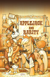 Size: 900x1366 | Tagged: safe, artist:andypriceart, idw, character:applejack, character:opalescence, character:queen chrysalis, character:rarity, character:spike, alternate hairstyle, bartender, cover, garter, idw advertisement, old west, saloon dress, sepia, wanted poster, western