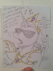 Size: 768x1024 | Tagged: safe, artist:andypriceart, character:princess celestia, character:princess luna, andy you magnificent bastard, bling, clothing, gangsta, gangsta rap, gangstalestia, hiphop, luna is not amused, rap, rapping, shirt, singing, snoop dogg, song, song reference, sunglasses, the rolling stones, traditional art, unamused