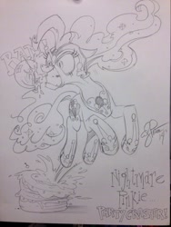 Size: 852x1136 | Tagged: safe, artist:andypriceart, character:nightmare pinkie pie, character:pinkie pie, angry, balloon, balloon popping, biting, cake, floppy ears, glare, gritted teeth, nightmare, nightmarified, pronking, sketch, solo, traditional art