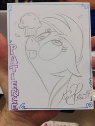 Size: 768x1024 | Tagged: safe, artist:andypriceart, character:derpy hooves, species:pegasus, species:pony, balancing, blep, female, floppy ears, mare, muffin, ponies balancing stuff on their nose, solo, sweat, tongue out, traditional art, treat on nose, wide eyes