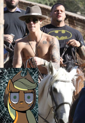 Size: 460x669 | Tagged: safe, artist:andypriceart, character:applejack, species:human, clothing, fedora, hat, irl, irl horse, irl human, justin bieber, photo, thousand yard stare