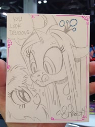 Size: 768x1024 | Tagged: safe, artist:andypriceart, character:queen chrysalis, oc, oc:fluffle puff, ship:chrysipuff, andy you magnificent bastard, canon x oc, kitchen eyes, licking lips, shipping, traditional art