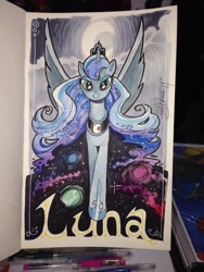 Size: 768x1024 | Tagged: safe, artist:andypriceart, character:princess luna, moon, smiling, solo, space, spread wings, traditional art, wings
