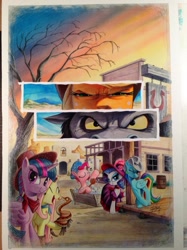 Size: 1023x1365 | Tagged: safe, artist:andypriceart, idw, character:applejack, character:fluttershy, character:pinkie pie, character:rainbow dash, character:rarity, character:twilight sparkle, character:twilight sparkle (alicorn), species:alicorn, species:pony, alternate hairstyle, andy you magnificent bastard, bath, cattle rustlers, clint eastwood, clothing, cover, cowgirl, female, hat, idw advertisement, king longhorn, mane six, mare, rattlesnake, shower cap, snake, squint, squintjack, the good the bad and the ugly, the man with no name, trough, western