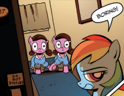 Size: 735x574 | Tagged: safe, artist:andypriceart, idw, character:rainbow dash, andy you magnificent bastard, comic, door, ghost, stephen king, the grady girls, the shining, this will end in tears