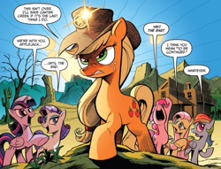 Size: 837x639 | Tagged: safe, artist:andypriceart, idw, official comic, character:applejack, character:fluttershy, character:pinkie pie, character:rainbow dash, character:rarity, character:twilight sparkle, character:twilight sparkle (alicorn), species:alicorn, species:earth pony, species:pegasus, species:pony, species:unicorn, breaking the fourth wall, clothing, cowboy hat, cropped, dialogue, female, hat, idw advertisement, mane six, mare, meta, sheriff's badge, speech bubble, stetson, the end, to be continued