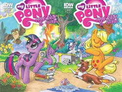Size: 1164x885 | Tagged: safe, artist:andypriceart, idw, official, official comic, character:applejack, character:dj pon-3, character:owlowiscious, character:princess celestia, character:spike, character:twilight sparkle, character:twilight sparkle (unicorn), character:vinyl scratch, character:winona, species:pony, species:unicorn, comic, comic book, cover, idw advertisement, official art, the hoof beats