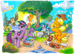 Size: 900x645 | Tagged: safe, artist:andypriceart, idw, character:applejack, character:dj pon-3, character:princess celestia, character:spike, character:twilight sparkle, character:vinyl scratch, character:winona, comic book, idw advertisement, the hoof beats