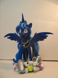 Size: 1024x1365 | Tagged: safe, artist:andypriceart, artist:earthenpony, character:princess luna, coffee, craft, happy, luna found the coffee, majestic, open mouth, sculpture, smiling, solo, spread wings, wide eyes, wings
