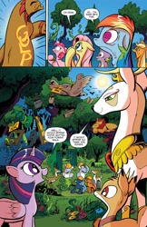 Size: 1400x2154 | Tagged: safe, artist:andypriceart, artist:katiecandraw, edit, idw, official comic, character:applejack, character:bramble, character:fluttershy, character:king aspen, character:rainbow dash, character:spike, character:twilight sparkle, character:twilight sparkle (alicorn), species:alicorn, species:bird, species:deer, species:earth pony, species:minotaur, species:pony, comic, crane, dialogue, eaten alive, everfree forest, female, forest, gorilla, hydra, male, manny roar, manticore, mare, multiple heads, owlbear, predation, speech bubble, stag, throat bulge, tree, vine, vore, well-to-do