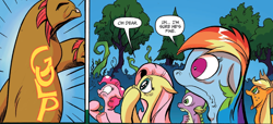 Size: 1400x640 | Tagged: safe, artist:andypriceart, artist:anonymous, edit, idw, character:applejack, character:fluttershy, character:pinkie pie, character:rainbow dash, character:spike, comic, eaten alive, hydra, implied death, multiple heads, predation, vore, well-to-do