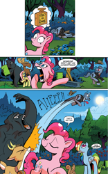 Size: 1345x2154 | Tagged: safe, artist:andypriceart, edit, idw, official comic, character:bramble, character:fluttershy, character:pinkie pie, character:rainbow dash, species:deer, species:earth pony, species:pegasus, species:pony, barrel, comic, dialogue, fawn, female, gorilla, jargon, karma, mare, moose, perfume, speech bubble, squirrel