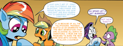 Size: 1400x526 | Tagged: safe, artist:andypriceart, edit, idw, character:applejack, character:big mcintosh, character:fluttershy, character:rainbow dash, character:rarity, character:spike, species:earth pony, species:pony, ship:fluttermac, bluepie, comic, denied sparity, male, shipping, stallion, straight, text edit, twiceps