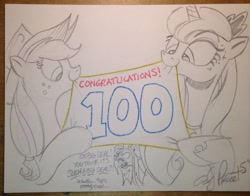 Size: 1024x801 | Tagged: safe, artist:andypriceart, character:applejack, character:princess luna, character:queen chrysalis, 100th episode, traditional art