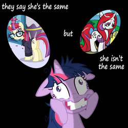 Size: 768x768 | Tagged: safe, artist:andypriceart, artist:supermatt314, idw, character:moondancer, character:twilight sparkle, episode:amending fences, g4, my little pony: friendship is magic, comic drama, comparison, contradiction, floppy ears, idw canon drama, twilight snapple