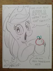 Size: 808x1077 | Tagged: safe, artist:andypriceart, character:applejack, apple, pun, solo, that pony sure does love apples, traditional art, watch