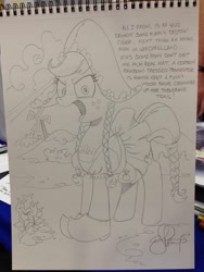 Size: 768x1024 | Tagged: safe, artist:andypriceart, character:applejack, andy you magnificent bastard, braid, clogs, clothing, costume, dress, dutch cap, hat, monochrome, netherlands, solo, traditional art, windmill