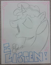Size: 1975x2531 | Tagged: safe, artist:andypriceart, character:party favor, species:pony, species:unicorn, blatant lies, eyes closed, i didn't listen, male, meme, open mouth, photo, smiling, solo, stallion, subversion, subverted meme, traditional art, underhoof